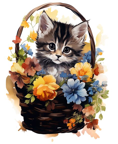 Basket Clipart, Basket Drawing, Spring Illustration, Cat Summer, Cat Basket, Flowers Drawing, Children Cartoon, Animal Illustrations, Cat Flowers