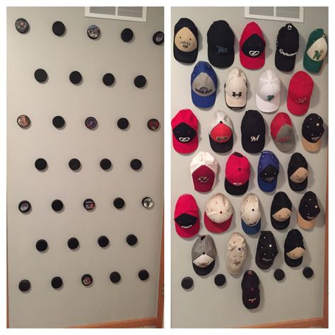 Mini Baseball Hat Display, Diy Hat Rack For Men Baseball Caps, Beanie Storage Ideas, Baseball Bedroom Decor, Baseball Hat Storage, Diy Hat Rack, Boys Room Diy, Baseball Bedroom, Hat Organizer