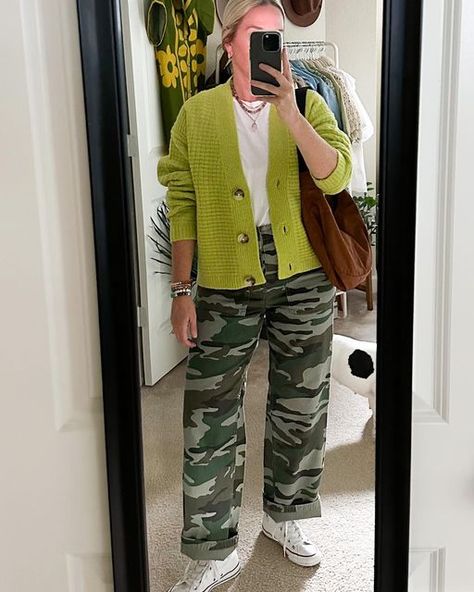 Amy Louise Baum | Elevated Casual | Style Over 40 on Instagram: "in my green era 🍈🥝🍐🍏  pants are @jcrew circa 2017 and rank up there with my favorite pieces of clothing ever  happy that I’ve kept them and still reach for them 🫶🏻  do you have a favorite clothing item that you’ve hung onto? . . . Cardigan @targetstyle Tee @gap Pants (old) @jcrew Sneakers @converse Bag @baggu via @ascotandhart Necklaces @happyjewelsxo @brinkerandeliza Bracelets @canyonleaf @baublebar  Outfit details linked on my @shop.ltk page   outfit details, fall style, fall outfit, outfit inspiration, outfit inspo, ootd, style inspo, wiw, casual outfit, casual style, camo pants, camouflage, cardigan style, cardigan" Style Camo Pants, Green Cardigan Outfit, Green Era, Converse Bag, Maternity Nursing Clothes, Camouflage Outfits, Elevated Casual, Pieces Of Clothing, Sneakers Converse