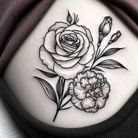 Carnation And Rose Bouquet Tattoo, Daisy And Roses Tattoo, January Birth Flower Tattoo Ideas, Rose Birth Flower Tattoo, Honeysuckle And Rose Tattoo, Carnation And Rose Tattoo, Rose And Daisy Tattoo, Flower For June, Flower For January