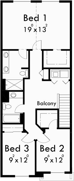 Upper Floor Plan for 10105 Narrow lot house plans, small house plans with garage, 3 bedroom house plans, 20 ft wide house plans, 10105 Triplex House Plans, Townhouse Floor Plan, House Plans With Garage, Triplex House, Town House Plans, Wide House, Printable House, Duplex Floor Plans, Narrow House Plans