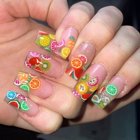 Fimo Fruit Nails, Fruit Slice Nails, Fruit Design Nails, Fruit Themed Nails, Fruit Acrylic Nails, Fruit Nails Design, Fruit Nails Acrylic, Nails Trends 2023, Nail Art Ideas Summer