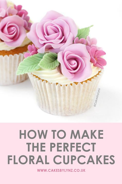 How to make the perfect floral cupcakes with fondant - fondant flower cupcakes tutorial Modeling Fondant Recipe, Fondant Flower Cake Designs, Easy Fondant Decorations, Fondant Rose Tutorial, Petal Cupcakes, Flower Cake Design, Cake Decorating Party, Elegant Cupcakes, Mothers Day Cupcakes