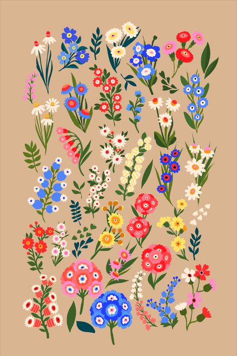 Separate hand-drawn elements for stylised floral patterns Flower Pavilion, Stylised Flowers, Coloring Pages Ideas, Nature Illustrations, Folk Floral, Easter Images, Pages Ideas, Spring Prints, Textile Print