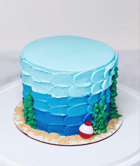 Easy Diy Fish Birthday Cake, Fishing Cake Ideas, Birthday Cake For Boy, Fishing Birthday Cake, Cookie Dough Buttercream, Fifth Birthday Cake, Aquarium Cake, Cake For Boy, Watercolor Cakes