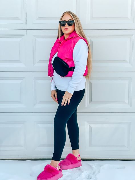 These puffer vests are so on trend and come in tons of colors. Also these UGG funkette in pink are my favorite purchase Hot Pink Puffer Vest Outfit, Hot Pink Uggs Outfit, Pink Puffer Vest Outfit, Pink Uggs Outfit, Pink Vest Outfit, Fleece Vest Outfit, Ugg Funkette, Pink Puffer Vest, Cropped Puffer Vest