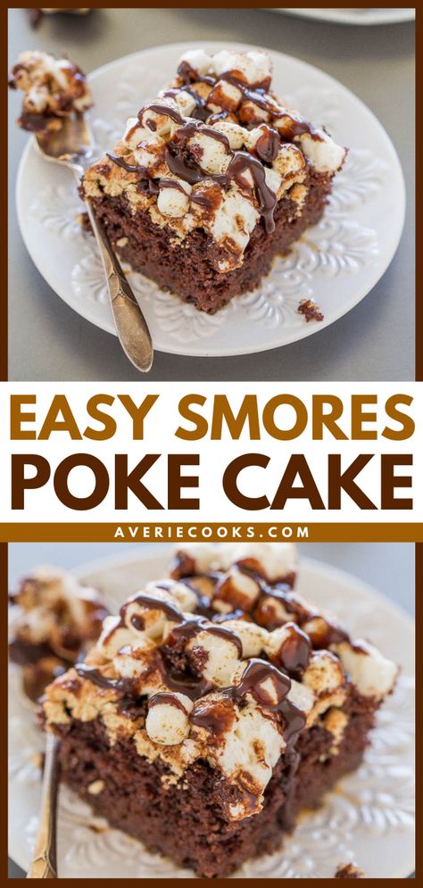 Easy S'mores Poke Cake - Averie Cooks Smore Cake Recipe, Smore Dessert Recipes, Quick And Easy Smores Desserts, Smore Poke Cake, Smores Trifle, Smores Poke Cake Recipe, Smores Poke Cake, Poke Cakes Recipes, Birthday Cake Smores