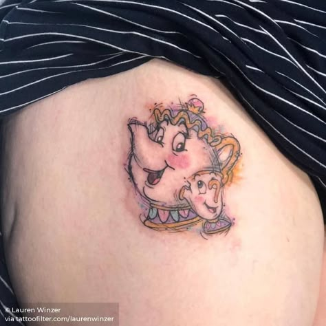 A little bit swollen but did this super fun Mrs Potts n baby Chip for Courtney! Thank you so so much! Chip And Mrs Potts Tattoo, Mrs Potts Tattoo, Mrs Potts And Chip Tattoo, Disney Characters Cartoon, Chip And Mrs Potts, Cute Disney Tattoos, Chip Tattoo, Mommy Daughter Tattoos, Beauty And The Beast 1991