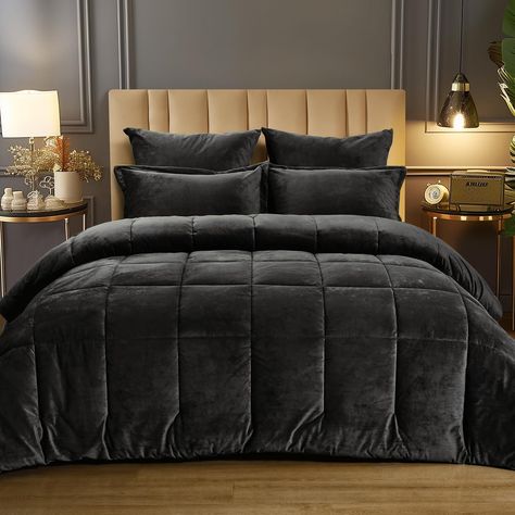 PRICES MAY VARY. What You Can Get: PHF velvet bed in a bag for all your matching needs: 1 comforter(90"x90"), 2 Pillow Shams(20"x26"), 2 Euro Shams (26"x26"). Due to the vacuum packaging, after receiving the comforter, you need to hang it up and pat it, wait for it to get fluffy again and you can enjoy a comfortable and relaxing sleep. Luruxy Home Decor: PHF Crushed Velvet fabric shows stunning texture and lustre in the light, creating a glamourous light and shadow effect that easily creates a h Black Velvet Comforter, Black Velvet Bedding, Comfy Bed Comforters, Black Velvet Bedroom Ideas, Black Wall Bedroom Decor, Velvet Comforter Bedroom, Black Comforter Bedroom, Dark Bedroom Ideas For Men, Black And Wood Bedroom