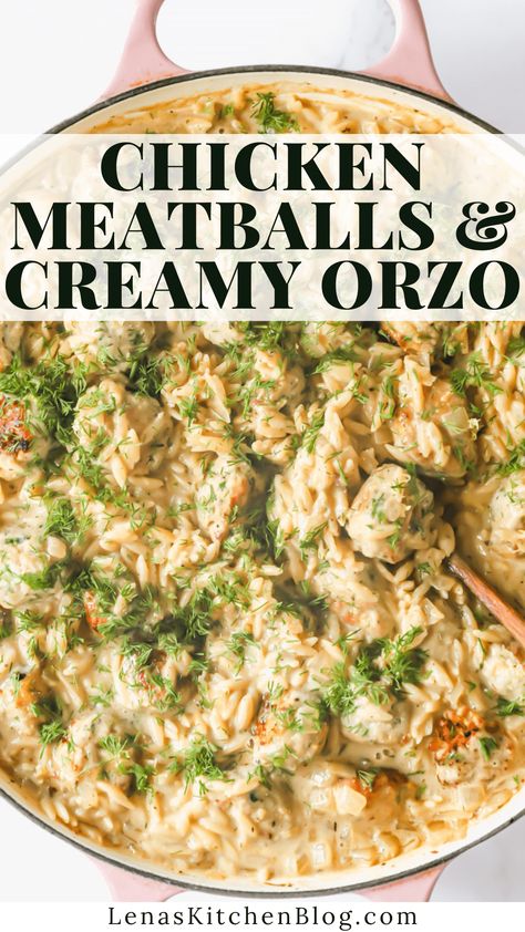 Keep dinner easy with Chicken Meatballs with Orzo. Homemade meatballs are cooked with orzo pasta, cheese, chicken broth, and lemon in one pan. It’s a well-balanced dinner the entire family will love! Crockpot Garlic Butter Chicken Meatballs With Creamy Orzo, Baked Lemon Butter Chicken Meatballs With Creamy Spinach Orzo, Baked Lemon Rosemary Chicken Meatballs And Creamy Orzo, Lemon Orzo Meatball, Sides For Chicken Meatballs, Orzo Meatball Recipe, Lemon Chicken Meatballs With Orzo, Orzo Chicken Meatballs, One Pan Chicken Meatballs With Orzo