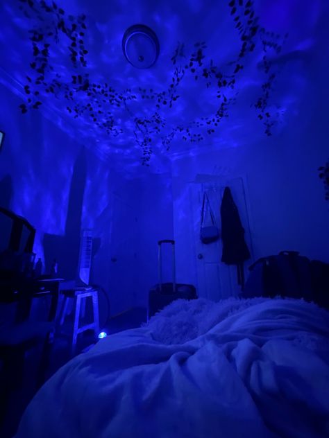 Black And Blue Room Ideas Bedrooms, Dark Blue Aesthetic Room Decor, Dark Blue Aesthetic Bedroom Ideas, Deep Ocean Themed Bedroom, Blue Led Room Aesthetic, Ocean Bedroom Ideas, Blue Ocean Bedroom Aesthetic, Ocean Bedroom, Blue Room Decor