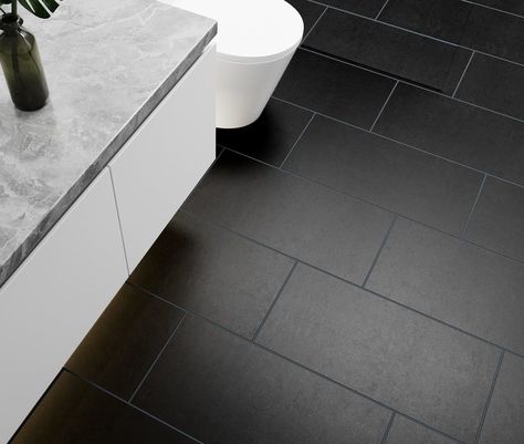 Black Bathroom Floors, Black Bathroom Floor Tiles, Black Tile Bathroom Floor, Black Bathroom Floor, Black Porcelain Tiles, Black Tile Bathrooms, Deep Clean Bathroom, Black Stairs, Tiles Uk