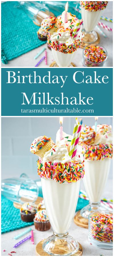 Birthday Cake Milkshake in two glasses with sprinkles, whipped cream, straws, mini cupcakes, and a birthday candle. Cookbook Party, Birthday Cake Milkshake, Cake Milkshake, Coffee Milkshake, Ice Cream Sprinkles, Milk Smoothie, Homemade Syrup, Malted Milk, Party Punch