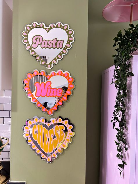 Make a statement with this fashionable and fun I Heart Cheese Mirror! Stand out with this retro design featuring a frilly heart – perfect for showing off your cheesy side. Show the world your undying love for cheese in a cute and stylish way. Acrylic Mirror. Handmade to order in our studio using high quality vinyl's. Command strips included for hanging. Size: 30cm x 27cm Quirky Farmhouse Decor, Fun House Decor, Fun Family Home, Heart Furniture, Heart Pasta, Classic Lettering, Large Mirrors, Mirror Stand, Weird Furniture