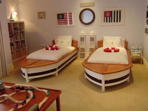 Awesome! Room For Two Kids, Reka Bentuk Bilik Tidur, Boat Bed, Boys Bedroom Themes, Nautical Room, Nautical Bedroom, Hiasan Bilik Tidur, Nautical Home, Kids Room Design