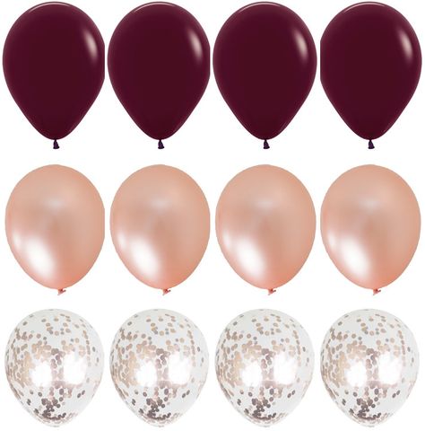 "Add a touch of class and elegance to your party or event with our dazzling luxe combination balloons. These balloons can be used to form garlands, arches, balloon backdrops or bouquets. They are very versatile. GREAT VALUE 12 (TWELVE) pack includes: 4 pieces of 12\" burgundy balloons 4 pieces of 12\" rose gold balloons 4 pieces of 12\" rose gold confetti balloons 24 (TWENTY FOUR) pack includes: 8 pieces of 12\" burgundy balloons 8 pieces of 12\" rose gold balloons 8 pieces of 12\" rose gold con Gold Balloon Bouquet, Balloons Wedding, Bridal Shower Balloons, Ballon Party, Shower Balloons, Gold Confetti Balloons, Rose Gold Confetti, Silver Balloon, Rose Gold Balloons