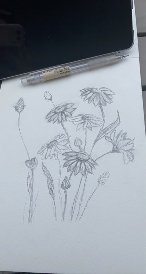 Flowers Growing Drawing, Messy Flower Drawing, Field Flowers Drawing, Flower Field Drawing Pencil, Flower Field Sketch, Field Drawing Easy, Field Of Flowers Drawing, Flower Field Drawing, Bush Drawing