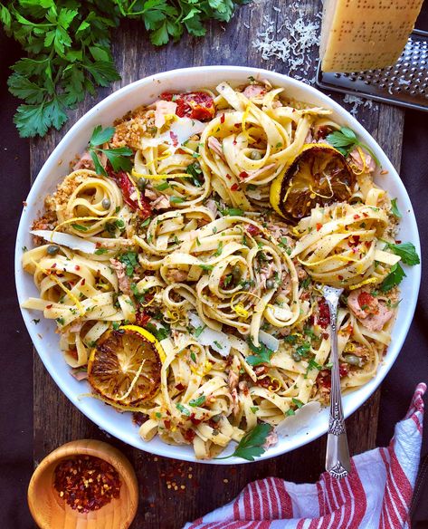 Spicy Tuna Pasta with Oregano and Crushed Red Pepper Flakes #pasta #feedfeed #recipe Pasta Red Pepper, Capers Pasta, Spicy Tuna Pasta, Red Pepper Flakes Recipes, Flake Recipes, Chicken Carbonara, Spicy Pasta, Lasagna Pasta, Butter Pasta