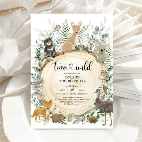 $3.08 | Two Wild Australian Animals Greenery 2nd Birthday - aussie native forest wildlife, kangaroo koala kookaburra wombat possum, rustic whimsical cute adorable, soft sage green eucalyptus leaves, greenery australian animals, koala kangaroo dingo kookaburra echidna, kids boy girl gender neutral, 2nd birthday, two wild 3rd Birthday Invitation, Third Birthday Girl, Forest Birthday Party, Forest Wildlife, Soft Sage Green, Forest Birthday, Two Wild, Forest And Wildlife, Elegant Baby Shower