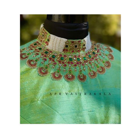 Apr Vastrakala on Instagram: “Design is a way of thinking...!! Designer Necklace work- Pearls n emeralds @apr_vastrakala_official” Apr Vastrakala, Stone Work Blouse, Stone Embroidery, Maggam Work Designs, Maggam Work Blouses, Maggam Work Blouse Designs, Unique Blouse Designs, Designer Necklace, Unique Blouse