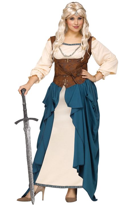 Transform into a ruthless Viking warrior with this women's Viking Queen costume. Lead your Norse clan to victory with this incredible costume that features an off shoulder gown, a faux leather waist cincher and attached teal blue skirt, and a matchin Warrior Woman Cosplay, Plus Size Halloween Costumes Ideas, Fair Clothes, Misty Wedding, Funny Halloween Costumes For Women, Ladies Costumes, Wench Costume, Viking Queen, Knight Drawing