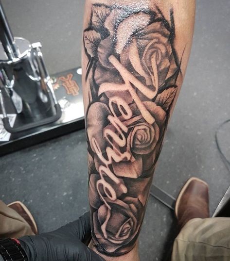 Roses And Name Tattoo, Roses Tattoo With Name, Names With Roses Tattoos, Name And Rose Tattoo, Name With Roses Tattoo, Name On Forearm Tattoo, Name Forearm Tattoo, Rose With Name Tattoo, Grandpa Tattoos