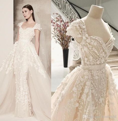 2017 Elie Saab Mermaid Lace Wedding Dresses Overskirts 3d Florals Lace Bridal Gowns Cap Sleeves Real Photos Vintage Wedding Gowns Cheap Bridal Gowns Cream Wedding Dresses From Kissbridal, $375.88| Dhgate.Com Wedding Dresses Ellie Saab, Ellie Saab Wedding, Saab Wedding Dress, Elie Saab Wedding, Elie Saab Wedding Dress, Wedding Dress Overskirt, Split Wedding Dress, Country Wedding Gowns, Cream Wedding Dresses