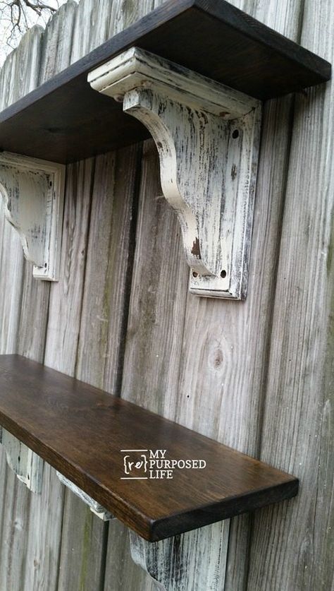 rustic chippy farmhouse shelves #MyRepurposedLife #farmhouse #chippy #shelf Diy Farmhouse Shelves, Wood Shelves Living Room, Rustic Wood Shelving, Barnwood Shelves, Corbel Shelf, Rustic Wall Shelves, Reclaimed Wood Shelves, Farmhouse Shelves, Shelves Ideas