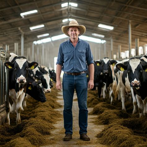 Dairy farmer standing confidently among Holstein cows in large, well-lit barn Dairy Farming, Modern Farmer, Dairy Industry, Holstein Cows, Dairy Farm, Milk Production, Sustainable Agriculture, Sustainable Farming, Dairy Products