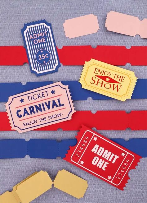 Free Carnival Ticket SVG Cut Files Ticket Graphic Design, Free Cricut Projects, Circus Theme Crafts, Associate Appreciation, Carnival Printables, Halloween Carnevil, Carnival Ticket, Circus Ticket, Treat Box Template