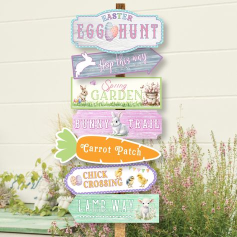 Easter Egg Hunt Signs, Egg Hunt Sign, Easter Party Decorations, Pixie Party, Wood Stake, Bunny Sign, Easter Hunt, Easter Sign, Easter Party Decor