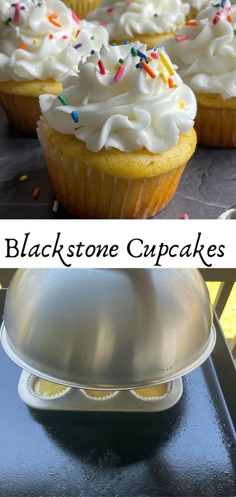 Baking griddle cupcakes on a Blackstone Griddle with a frosted cupcake. Supper On The Blackstone, Camp Griddle Meals, Baking On Blackstone, Griddle Dessert Recipes, Blackstone Easter Recipes, Blackstone Griddle Desserts, Desserts On Blackstone Griddle, Blackstone Griddle Dessert Recipes, Blackstone Snacks