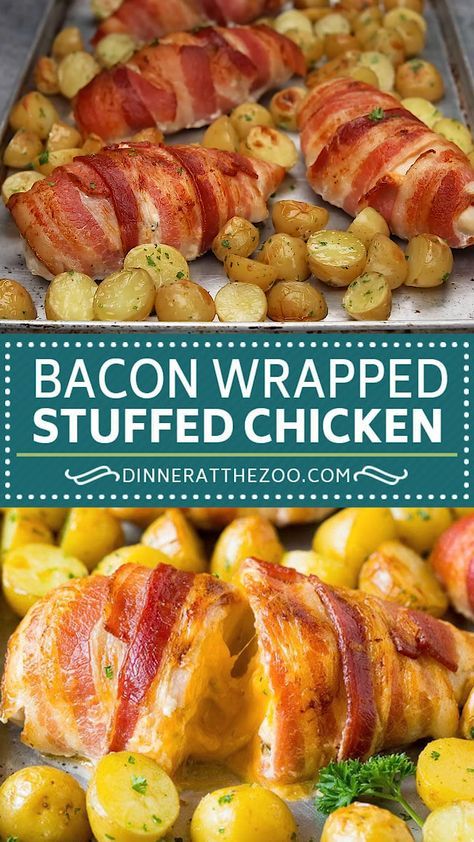 Bacon Wrapped Broccoli Stuffed Chicken, American Dinner Ideas, American Dinner Recipes, Chicken Bacon Recipes, Bacon Wrapped Stuffed Chicken, Potatoes Dinner, Wrapped Chicken, Chicken Stuffed, Bacon Wrapped Chicken