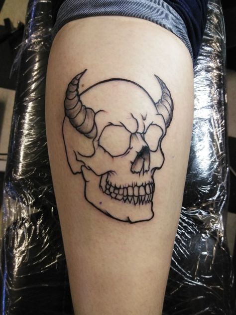 Skull tattoo with horns that i started.   Client tapped before i could finish it Horned Skull Tattoo, Skull With Horns Tattoo, Apprentice Tattoos, Skeleton Artwork, Skull With Horns, Gorilla Tattoo, Simple Skull, Dark Things, Elbow Tattoos