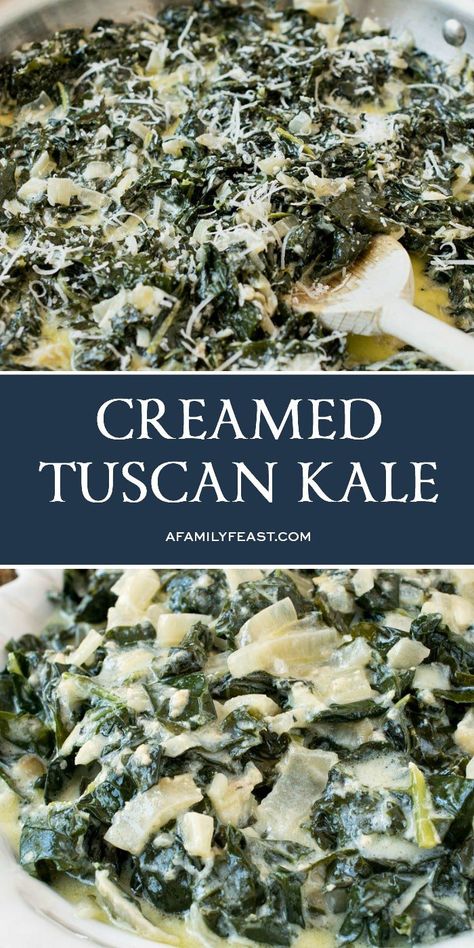 Creamed Tuscan Kale is delicious comfort food that's loaded with healthy Tuscan Kale. Cooked Kale Recipes, Kale Dishes, Kale Recipes Healthy, Tuscan Kale, Creamed Kale, How To Cook Kale, Kale And Spinach, Kale Recipes, Family Feast