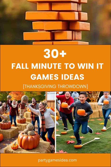 30+ Fall Minute To Win It Games Ideas [Thanksgiving Throwdown] - Fun Party Games Ideas for Adults and Kids Minute To Win It Thanksgiving Games, Fall Minute To Win It Games, Games With Pumpkins, Fall Festival Game Ideas, Fall Games For Kids, Games Ideas For Adults, Thanksgiving Family Games, Party Games Ideas, Thanksgiving Games For Adults