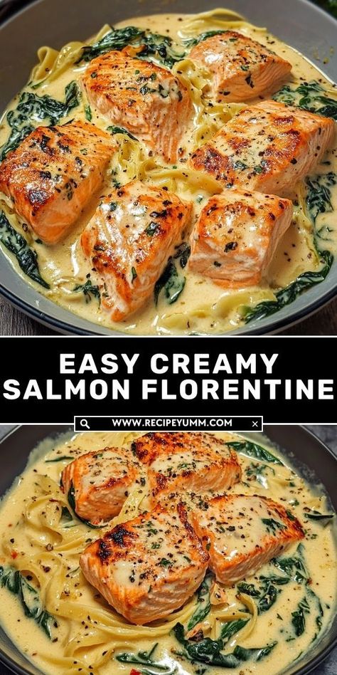 Perfectly seared salmon in a rich, creamy garlic spinach sauce with Parmesan and a hint of lemon. A quick and elegant dinner ready in under 30 minutes! Salmon Florentine, Light Salads, Spinach Sauce, Creamy Salmon, Garlic Spinach, Light Salad, Satisfying Meals, Seared Salmon, Hearty Stews