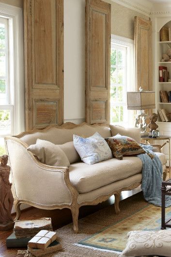 33 Beige Living Room Ideas | Decoholic French Country Living, French Sofa, Interior Shutters, Beige Living Rooms, Linen Sofa, French Interior, French Country House, French Furniture, French Decor