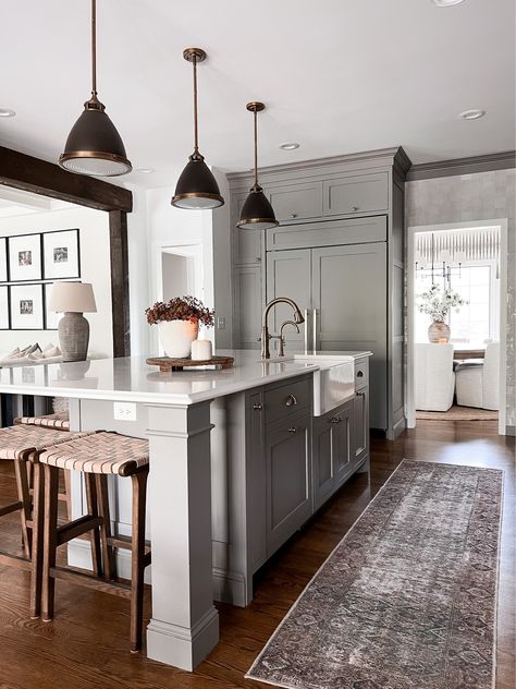 Amber Lewis Kitchen, Vintage Inspired Rugs, Walnut Stools, Black Counter Stools, Bungalow Renovation, Amber Lewis, Grey Kitchen Cabinets, Amber Interiors, Wooden Flooring