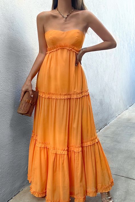 Colourful Maxi Dress, Orange Maxi Dress Outfit Summer, Pink And Orange Maxi Dress, Orange Dresses Formal, Light Orange Bridesmaid Dresses, Light Orange Dress, Orange Formal Dress, Peach Summer Dress, Orange Long Dress