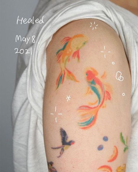 Whale Shark Tattoo Watercolor, Soft Color Tattoo, Pastel Snake Tattoo, Fish Tattoo Colorful, Colour Line Tattoo, Sting Ray Tatoos, Crayon Style Tattoo, Colored Tattoo Sleeve, Faded Color Tattoo