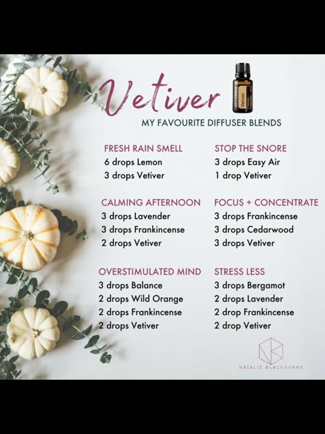 Vetiver essential oil blends. Vetiver Essential Oil, Doterra Essential Oils Recipes, Essential Oil Diffuser Blends Recipes, Young Living Essential Oils Recipes, Essential Oils For Sleep, Essential Oil Diffuser Recipes, Oil Diffuser Recipes, Essential Oil Blends Recipes, Essential Oil Mixes