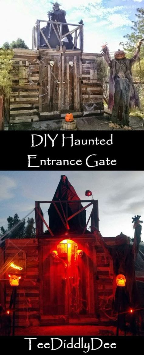 DIY Haunted Entrance Gate for Halloween Haunted Trail Ideas Scary, Scare House, Outdoor Haunted House, Halloween Haunted House Ideas, Fog Chiller, Halloween Haunted House Diy, Haunted Trail Ideas, Diy Haunted House, Diy Halloween Props