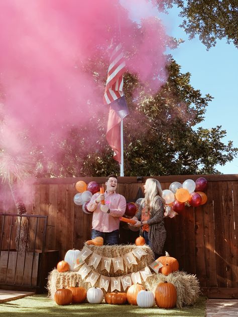 Halloween Pumpkin Gender Reveal, Gender Pumpkin Reveal, Fall Reveal Party Ideas Gender, Hay Bale Gender Reveal, Fall In Love Gender Reveal, Pumpkin Gender Reveal Balloon Arch, What Will Pumpkin Be, Pumpkin Gender Reveal Centerpieces, What Will Pumpkin Be Gender Reveal