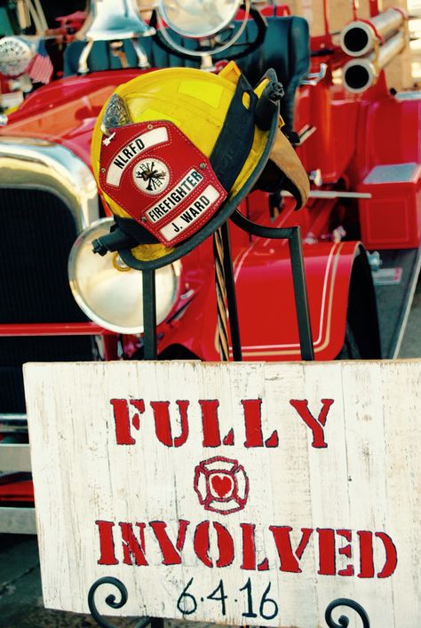 Firefighter Save the Date Firefighter Wedding Photos, Wedding Firefighter, Firefighter Wedding Ideas, Firefighter Engagement Pictures, Fireman Wedding, Firefighter Engagement, Fire Wedding, Firefighter Girlfriend, Firefighter Family