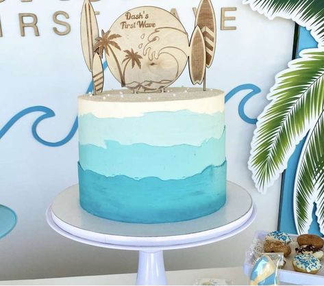 Surf Party Ideas Decorations, Birthday Beach Theme Decorations, Surf Birthday Decor, Surf Sheet Cake, The Big One Surf Smash Cake, Surf Themed Cake, The Big One Cake Ideas, Surf Shack Birthday Party, Baby On Board Cake Ideas