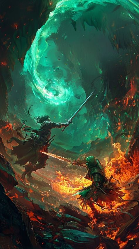 Between Two Fires, Epic Battle Fantasy Art, Fantasy Battle Art, Magic Battle, Battle Mage, Battle Art, Fire Warrior, Battle Scene, Green Magic