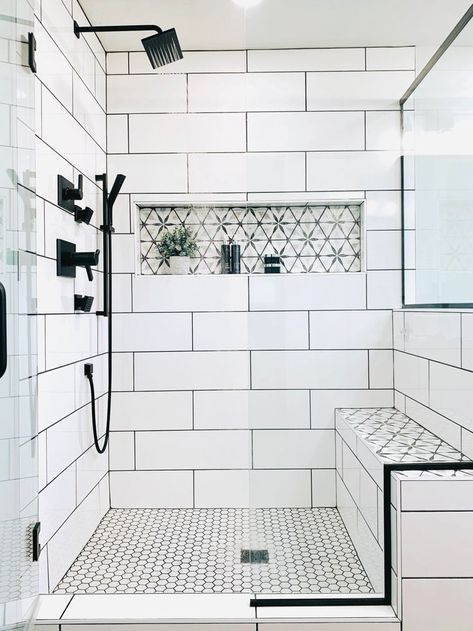 bathroom design ideas small Shower With Shelf In Wall, Long Shower Niche Ideas, Showers With Built In Benches, Shower Tile Bench, 4x5 Shower With Bench, Shower Pocket Shelf, Shower Tile Shelves, Small Custom Shower Ideas, Walk In Shower With Niche