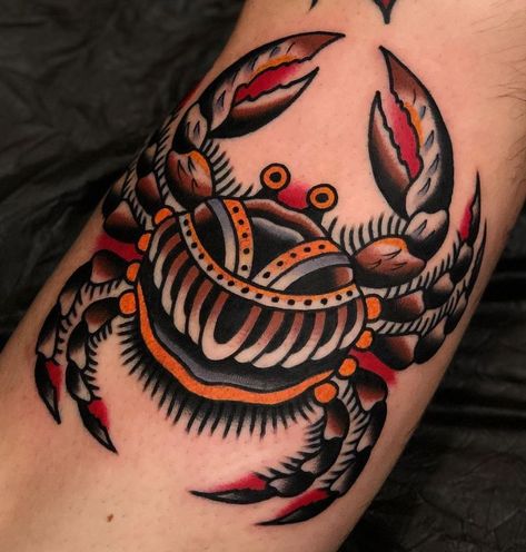 100 Best Traditional Tattoos Of All Time - TheTatt Best Traditional Tattoos, Designs With Meaning, Old School Tattoos, Crab Tattoo, Traditional Tattoo Inspiration, Horoscope Tattoos, Traditional Style Tattoo, Traditional Tattoo Sleeve, Fire Tattoo