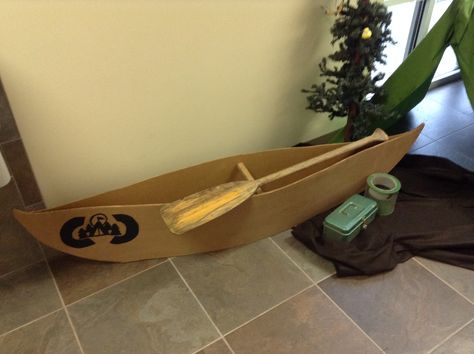 Cardboard Canoe, Skipjack Boat, Camp Out Vbs, Wilderness Party, Camping Dramatic Play, Camp Vbs, Cardboard Boat, Vacation Bible School Themes, Sunday School Decorations